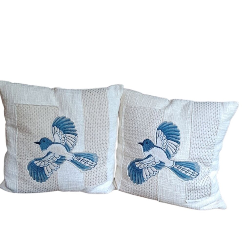 grandinroad Cream Textured w/ Blue Bird 18x18 Throw Pillow Covers, Set of 2